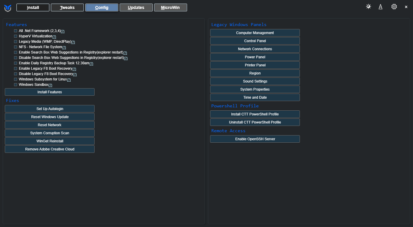 Вкладка Config в WinUtil