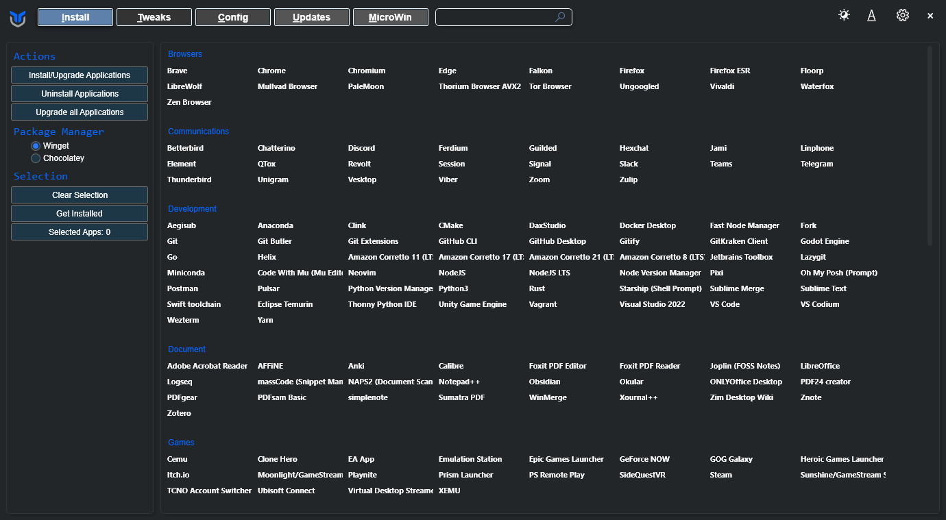Вкладка Install в WinUtil
