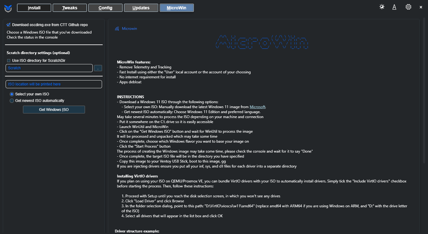Вкладка MicroWin в WinUtil