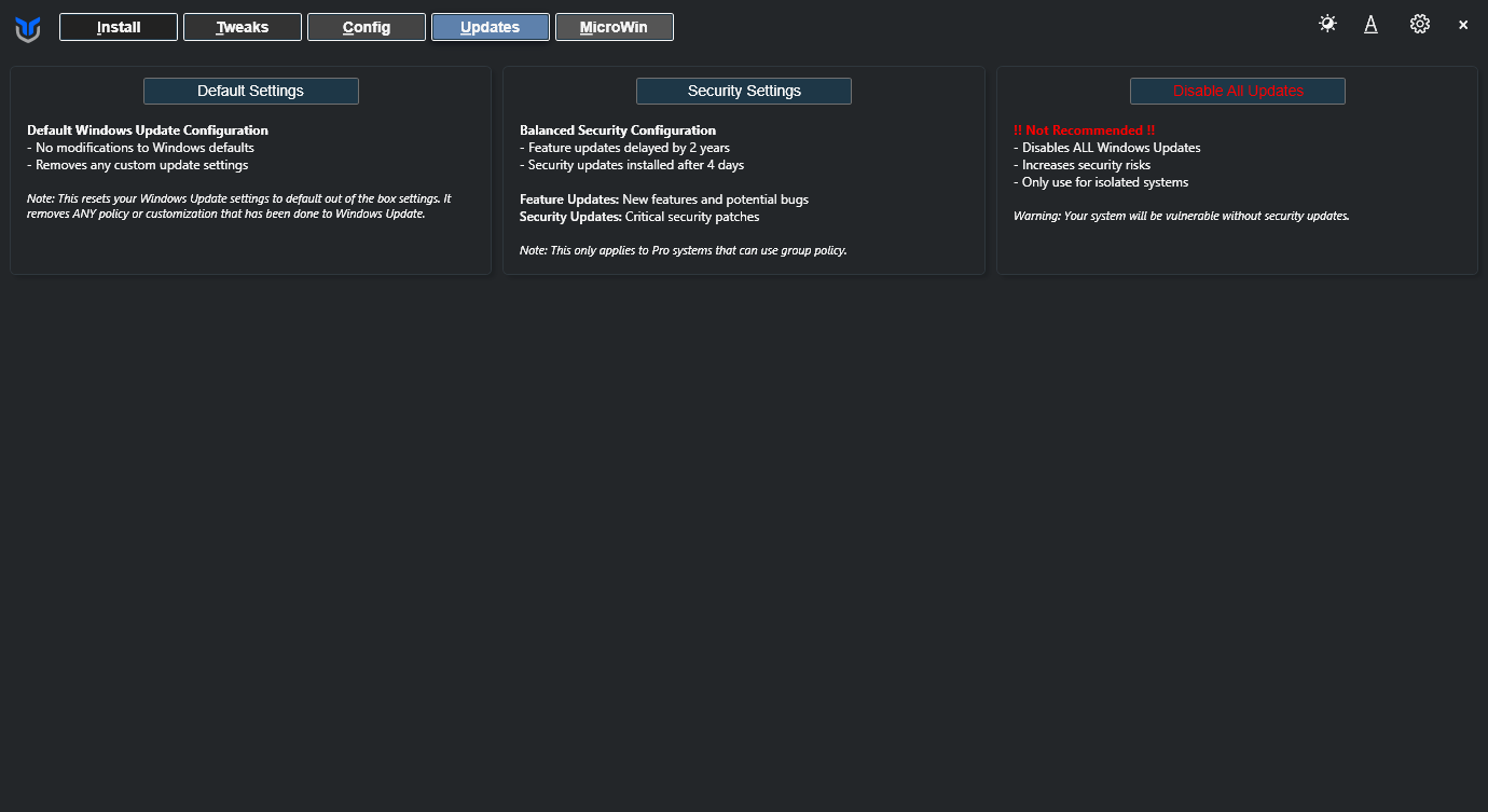 Вкладка Updates в WinUtil